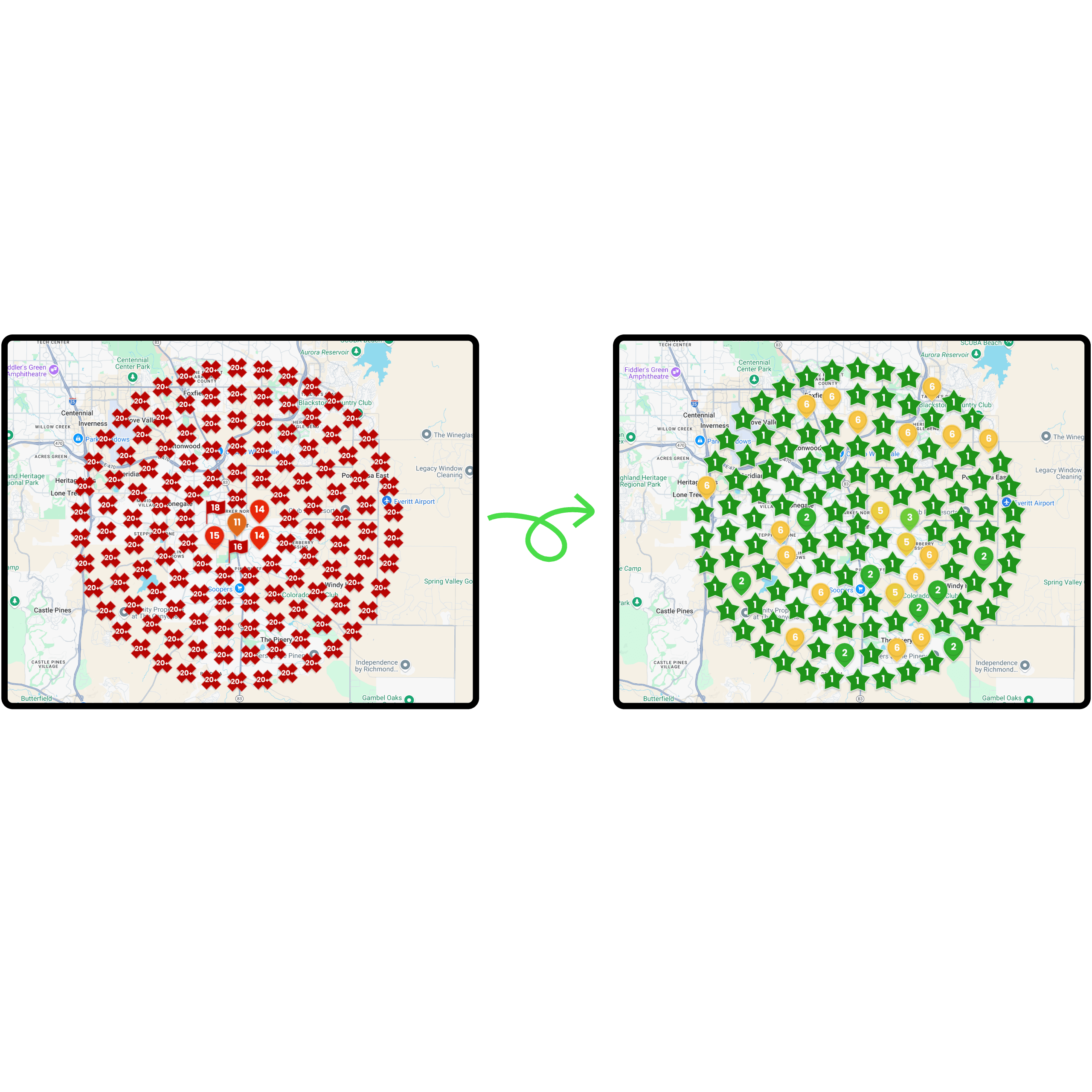 Before and after Google Map rankings — from buried (red) to top-3 (green) across the service area